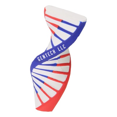 Red with blue foam stress ball with a custom logo.