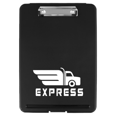 Black plastic clipboard with a personalized logo.