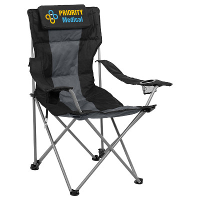 Blue polyester chair with a custom logo.