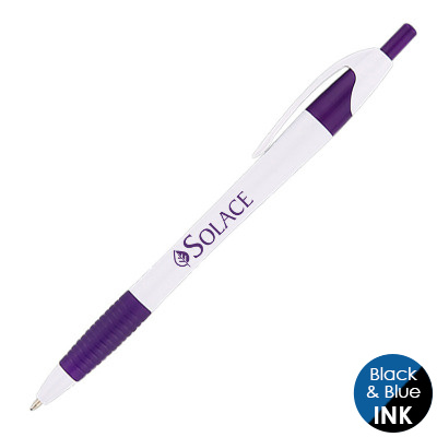 Imprinted white pen with colorful accents.