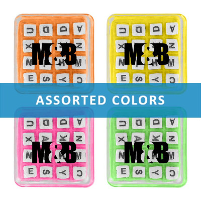 Assorted plastic shaker word game with a personaliezed imprint.