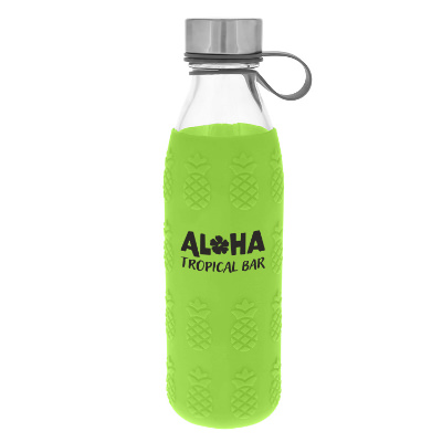 Glass water bottle with lime sleeve and custom logo in 20 oz.
