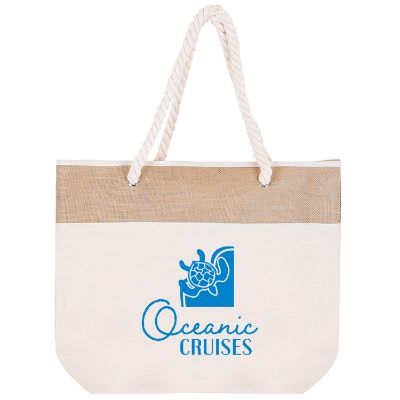 Cotton canvas natural beige rope tote with printed logo.