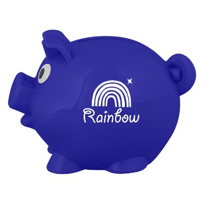 Blue plastic piggy bank with a personalized imprint.