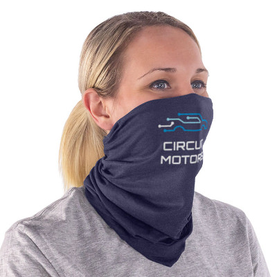 Blue microfiber neck gaiter with a branded logo.