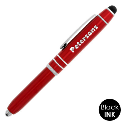 Custom engraved multifunctional pen with chrome accent rings and clip.