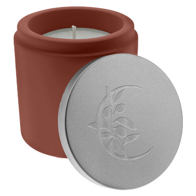 Terracotta cement candle with a branded logo.