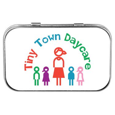 White tin first aid with a custom imprint.