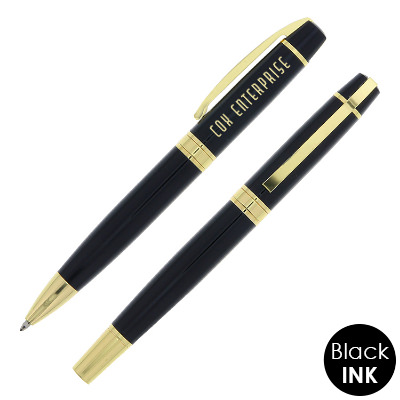 Black with gold pen set with custom engraved logo.