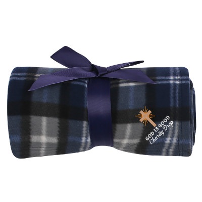 Blue and black checkered flannel blanket with embroidered design.