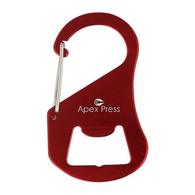 Metal red carabiner clip bottle opener engraved.