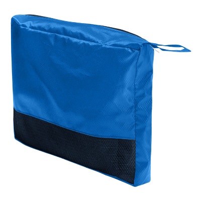 Charcoal gray polyester blanket in a mesh zipper bag.