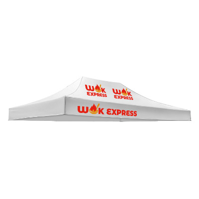 White 15-ft. tent canopy with custom imprint in 3 locations.