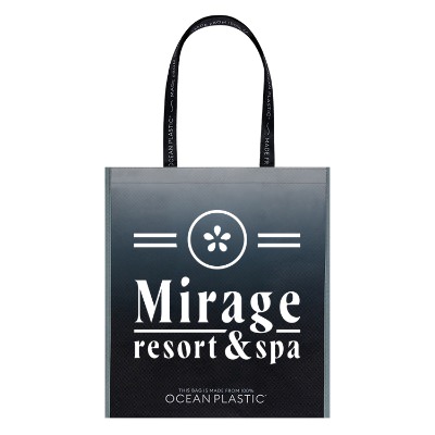 Black ocean plastic reusable large tote bag with custom logo.