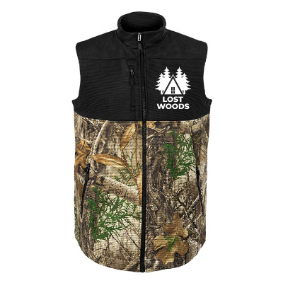 Black and camo vest with custom logo.