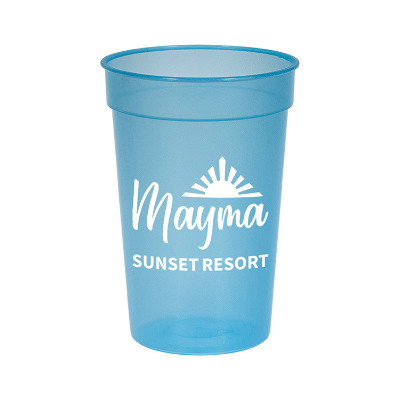 Plastic frosted to red sun altering stadium cup with custom imprint in 17 ounces.