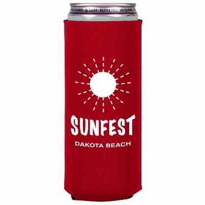 Red neoprene can cooler with custom logo.
