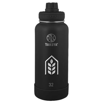 Black stainless bottle with engraved logo.