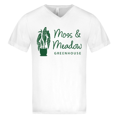 White tee with custom logo.