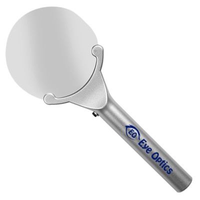 Plastic silver magnifier with a personalized imprint.