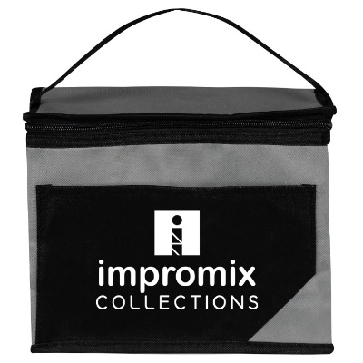 Gray polypropylene non-woven cooler bag with custom design.