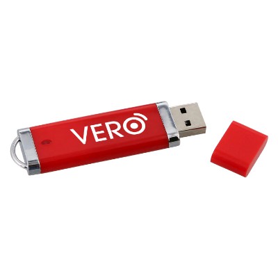 Red aluminum flash drive with a personalized imprint.