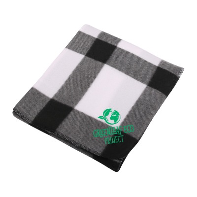 Black and white checkered fleece blanket with custom design.