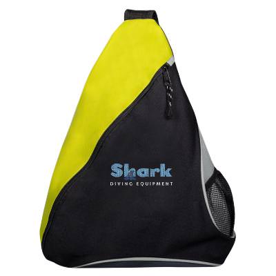 Yellow slingpack with embroidered logo.