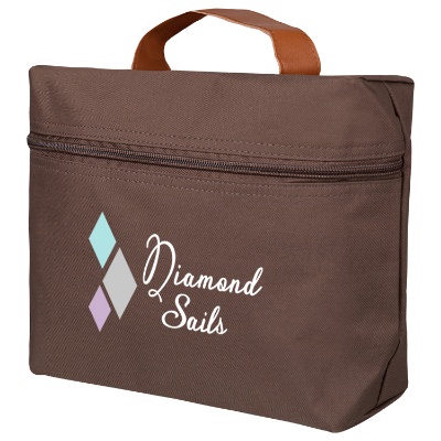 Polyester brown cosmetic bag with logoed full color imprint.