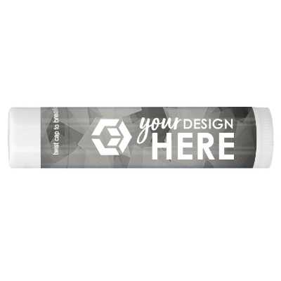 Black/white blocked background lip balm with a customized logo.