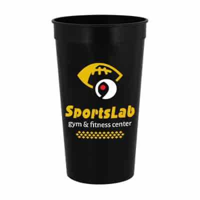 Plastic yellow stadium cup with custom full-color imprint in 32 ounces.