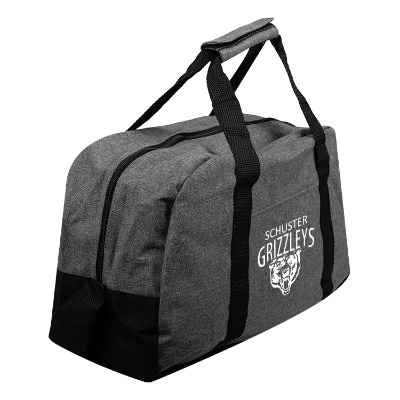Heather gray polycanvas gym bag with personalized white imprint.