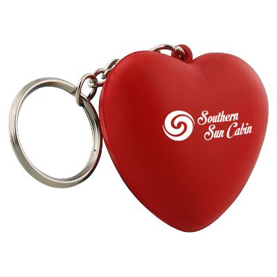 Foam heart stress ball key ring branded with logo.