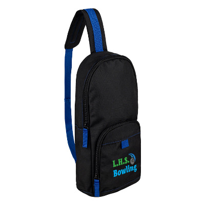 Black sling bag with blue accents and full-color imprint.