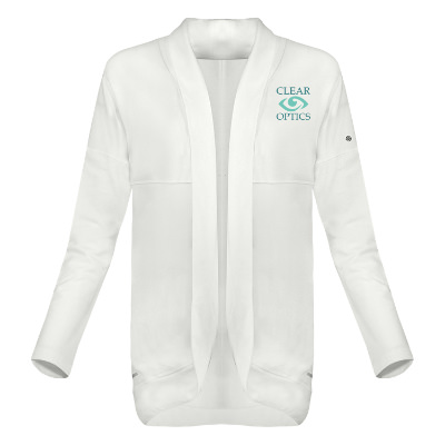 White cardigan with custom full color logo.