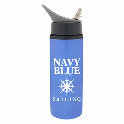 Aluminum silver water bottle with custom advertising and flip straw lid in 25 ounces.