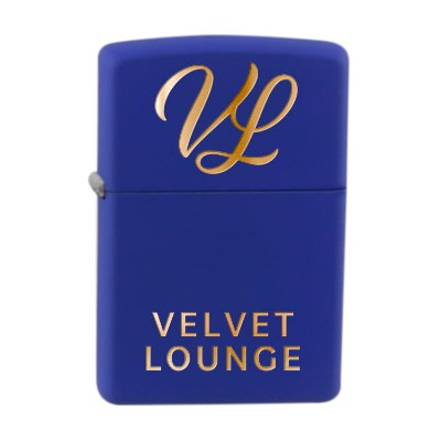 Engraved metal blue lighter with a custom imprint.