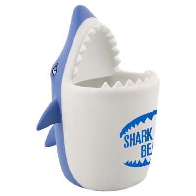Blue and white plastic shark pen holder with custom one color promotional logo.