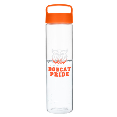 Glass water bottle with orange lid and color changing ink in 20 oz.