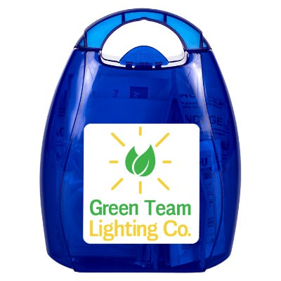 Blue plastic first aid kit with a personalized imprint.