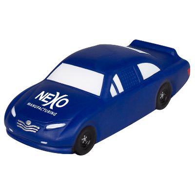 Foam blue race car stress ball printed with imprint.
