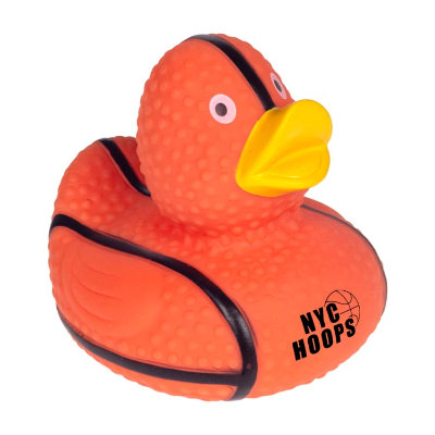 Orange rubber duck with a custom imprint.