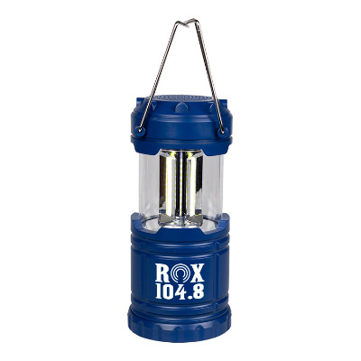 Metal blue lantern with custom imprint.