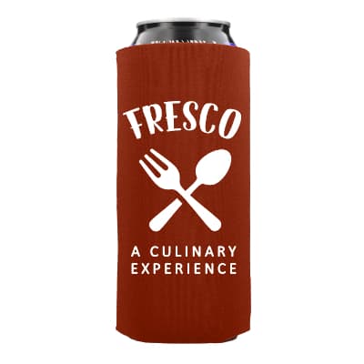 Foam crimson tall boy can cooler with custom promotional imprint.