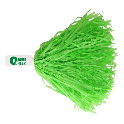 Green fiber and plastic pom pom with a personalized logo.