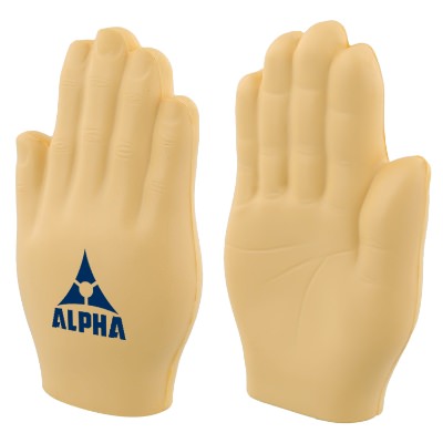 Beige foam stress ball with a branded logo.