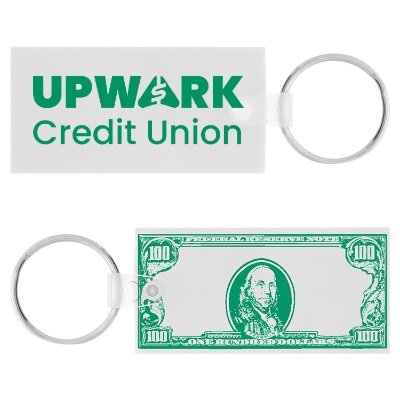 White with green one hundred dollar bill plastic key fob with one color custom logo on back.