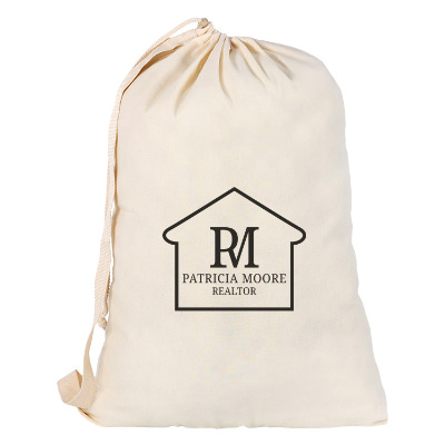 Natural cotton laundry bag with a customized imprint.