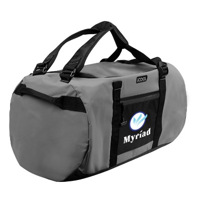 Gray convertible gym bag with custom full-color imprint.