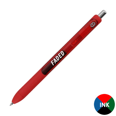 Red plastic pen with a personalized logo.